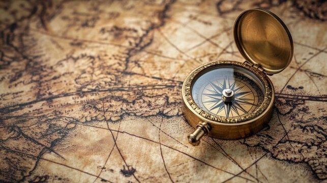 Compas marin ancien ouvert sur une carte maritime patinée